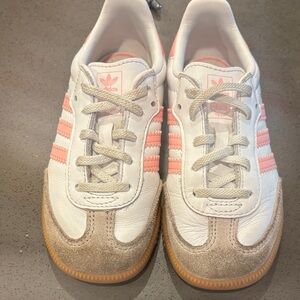 Adidas Kids White and Pink Sneakers with Tan Accents